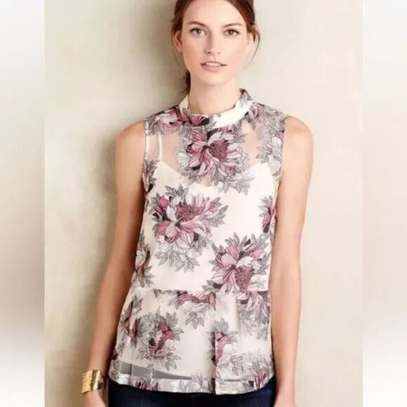 Moulinette Soeurs Anthropologie Terrace Blush Floral Sheer Peplum Top Cream Sz 2 - Picture 2 of 11